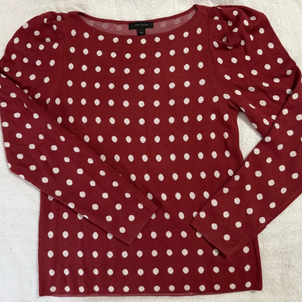 Ann Taylor Burgundy and White Polka Dot Knit Top